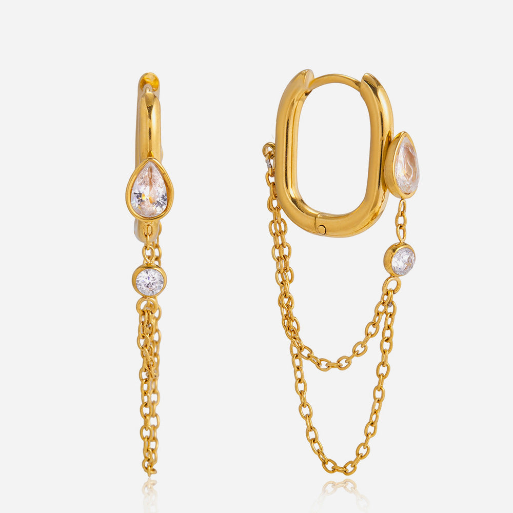 Jingqiao Classic Style 18K Gold Stainless Steel Waterdrop-shaped Zircon Tassel Earrings Light Luxury High-End Earrings for Cross-border Women