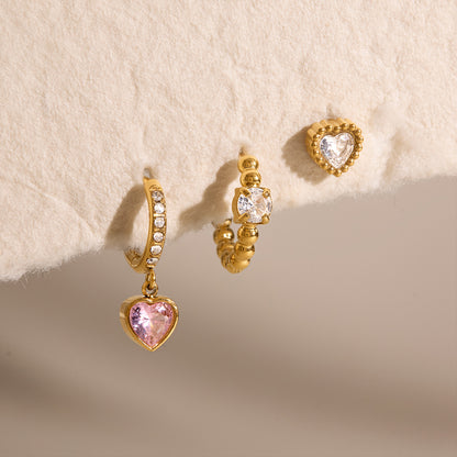 Jingqiao European and American Earring Set, 18k gold stainless steel zircon heart pendant earrings, cross-border daily versatile earrings