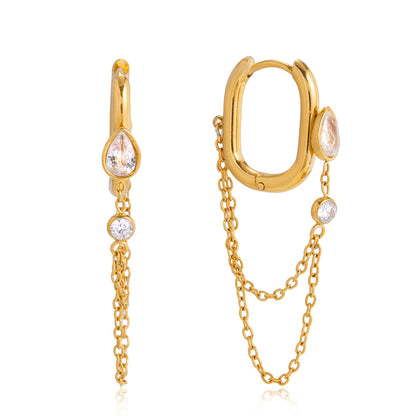 Jingqiao Classic Style 18K Gold Stainless Steel Waterdrop-shaped Zircon Tassel Earrings Light Luxury High-End Earrings for Cross-border Women