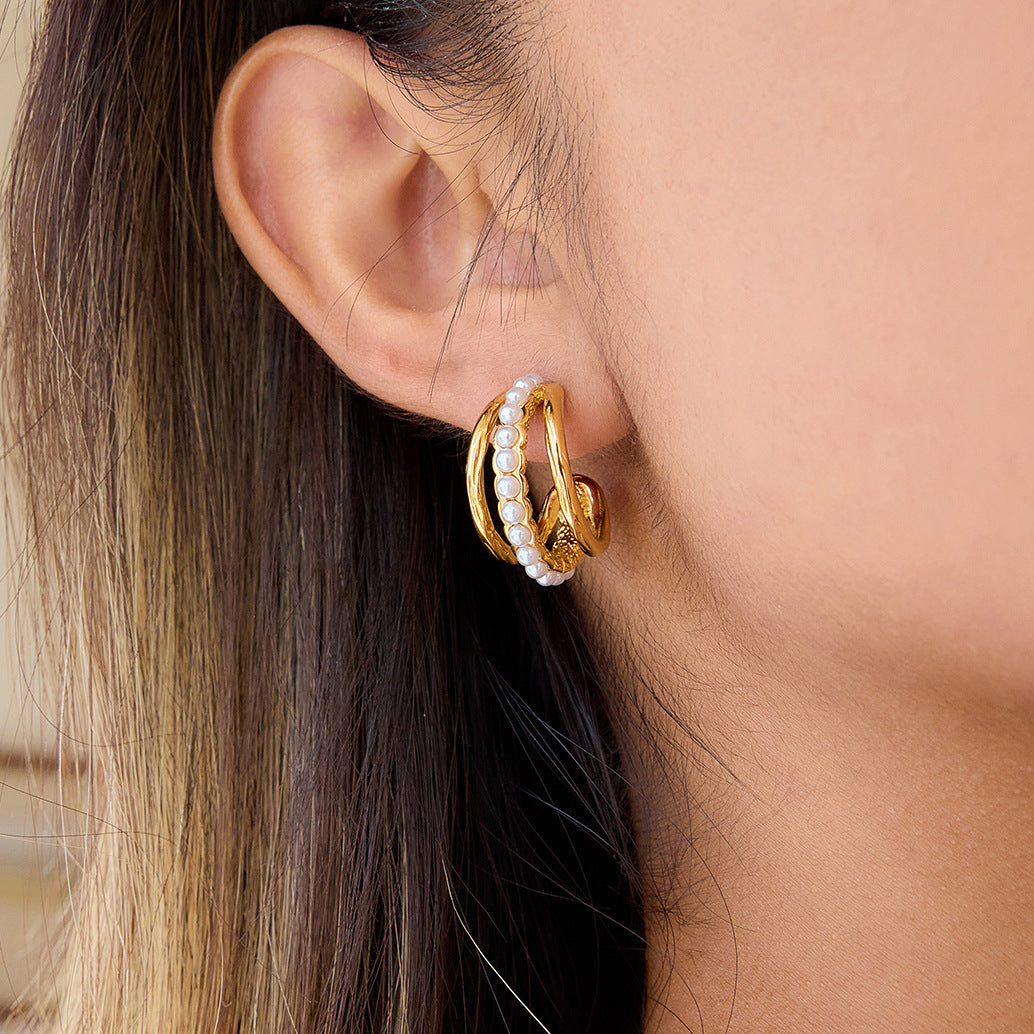 Jingqiao European and American autumn and winter accessories, stainless steel pearl earrings, elegant and sophisticated earrings, titanium steel jewelry, cross-border style