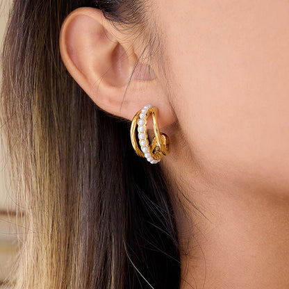 Jingqiao European and American autumn and winter accessories, stainless steel pearl earrings, elegant and sophisticated earrings, titanium steel jewelry, cross-border style