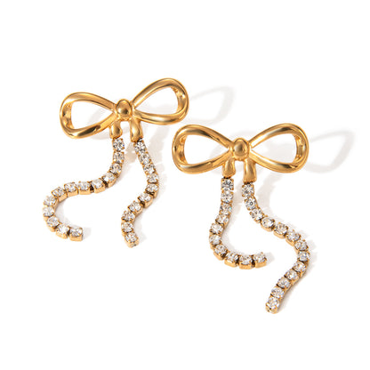 18k gold stainless steel bow hanging two diamond chain earrings vacuum electroplating non-fading jewelry wholesale diamond setting