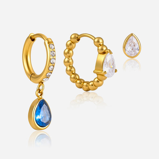 Jingqiao European and American Earring Set for Women, 18K Gold Stainless Steel Waterdrop-shaped Zircon Earrings, Cross-border Personalized Elegant Earrings