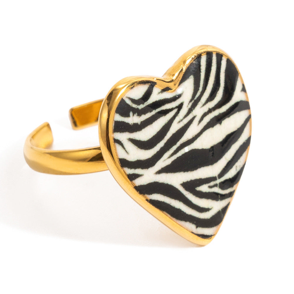 Jingqiao vintage style 18K gold stainless steel leopard print oil drip print heart ring, niche high-end cross-border accessory