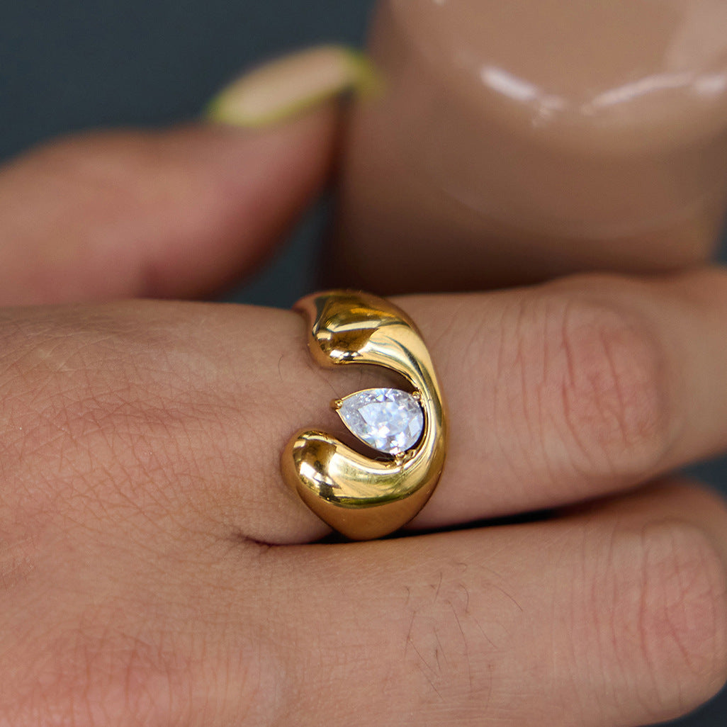 Jingqiao stainless steel 18k gold zircon ring, titanium steel color-resistant hand accessory, niche high-end jewelry, cross-border wholesale