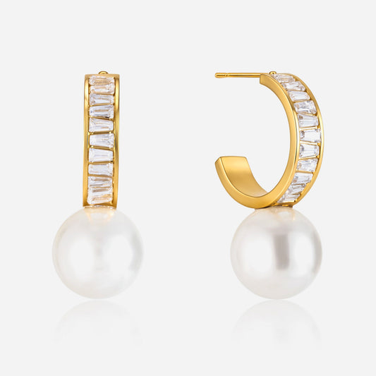 Jingqiao titanium steel earrings, zircon glass pearl pendants, C-shaped earrings, light luxury and high-end stainless steel earrings cross-border