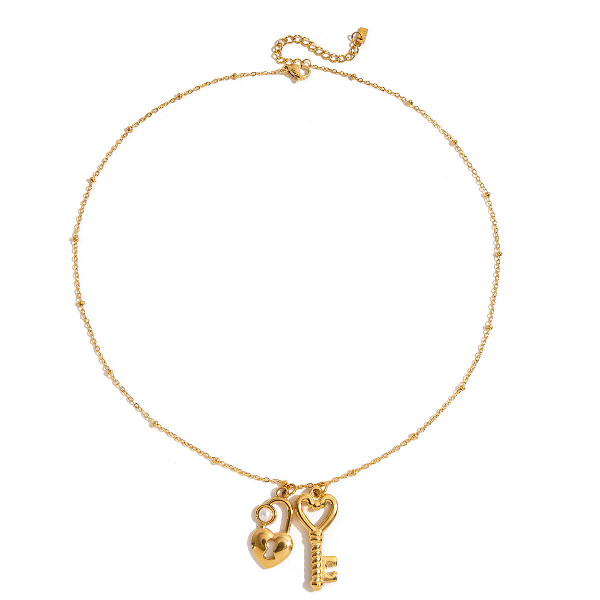 Jingqiao Minimalist Style 18K Gold Stainless Steel Acrylic Pearl Heart Lock Heart Key Pendant Beaded Chain Necklace