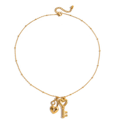Jingqiao Minimalist Style 18K Gold Stainless Steel Acrylic Pearl Heart Lock Heart Key Pendant Beaded Chain Necklace