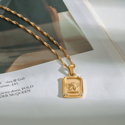 Jingqiao cross-border women's necklace jewelry, niche high-end light luxury square brand embossed angel pendant, titanium steel 18k gold jewelry