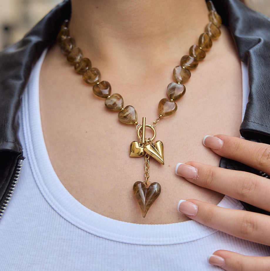 Jingqiao Acrylic Heart OT Button Titanium Steel Necklace Light Luxury Niche Accessory Women's Cross-border Jewelry Stainless Steel Necklace