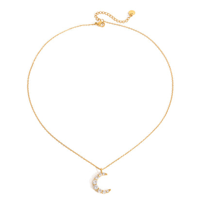 Jingqiao European and American white round zircon moon pendant, stainless steel necklace, cross-border minimalist fashion versatile accessory for women