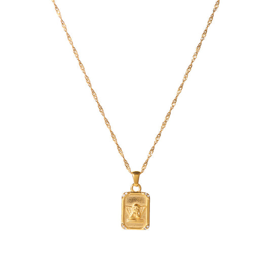 Jingqiao cross-border women's necklace jewelry, niche high-end light luxury square brand embossed angel pendant, titanium steel 18k gold jewelry