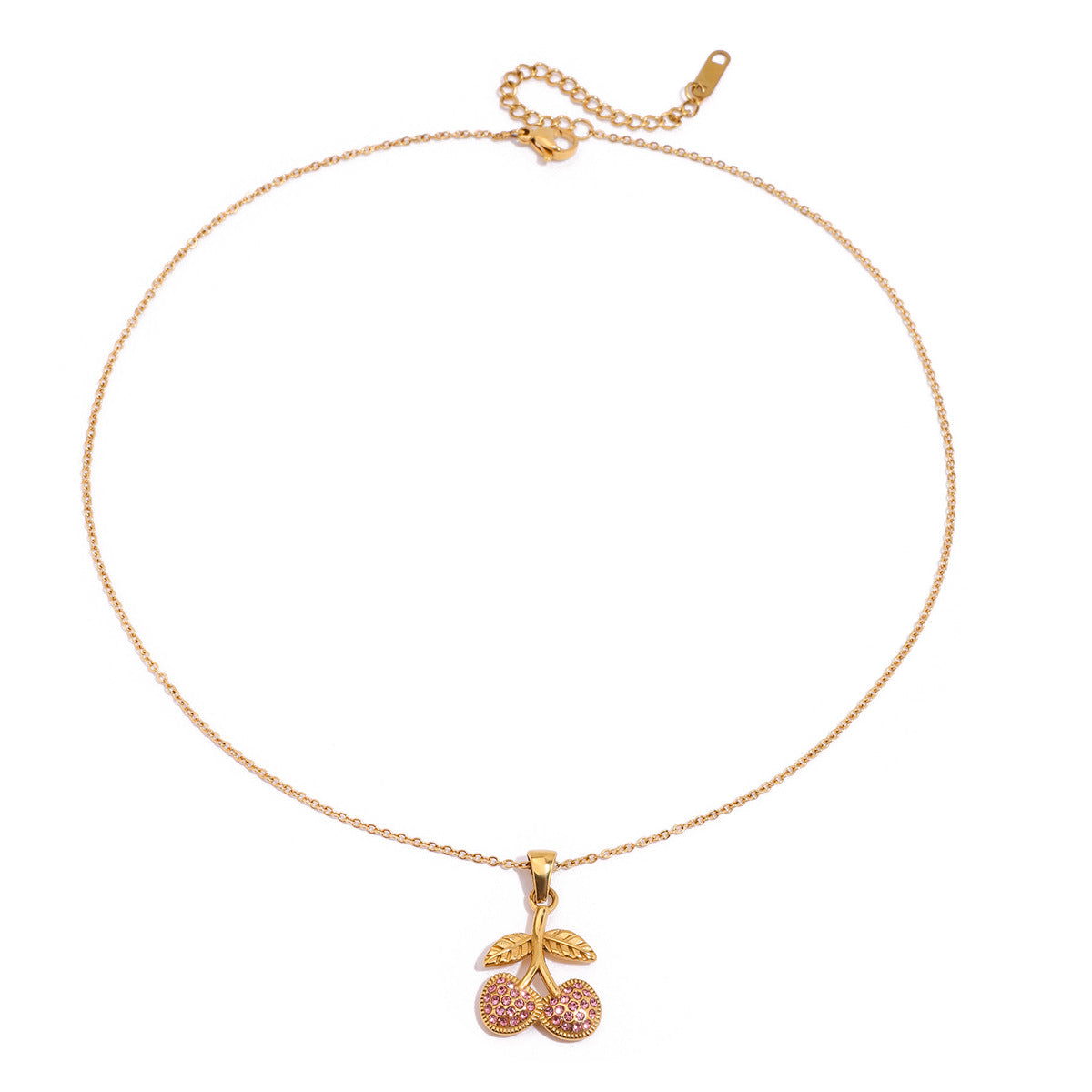 Quiet European and American stainless steel necklace, light luxury and high-end 18K gold titanium steel design sense pink zirconium cherry pendant accessories