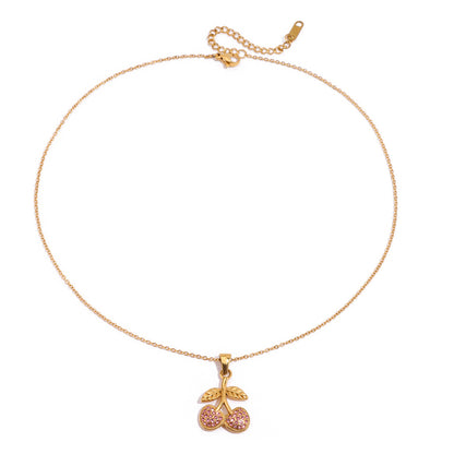 Quiet European and American stainless steel necklace, light luxury and high-end 18K gold titanium steel design sense pink zirconium cherry pendant accessories