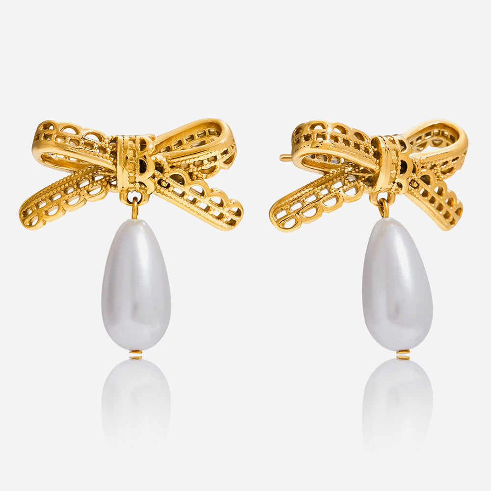 Jingqiao vintage style 18K gold stainless steel lace bow hollow pearl pendant earrings light luxury cross-border earrings