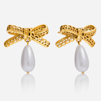 Jingqiao vintage style 18K gold stainless steel lace bow hollow pearl pendant earrings light luxury cross-border earrings