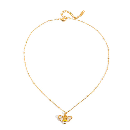 Jingqiao sweet style stainless steel zircon oil-dripping bee necklace accessory for women's autumn and winter, titanium steel color-resistant cross-border accessory