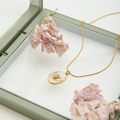 Quiet design, sweet and romantic, 18K gold stainless steel pale pink oil dripping butterfly pendant stainless steel necklace