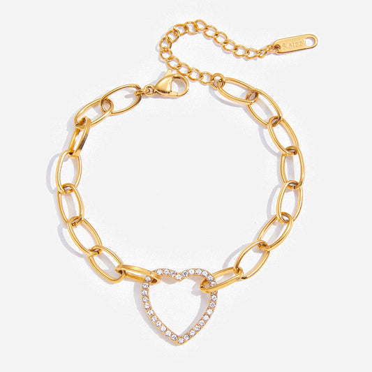 Classic style 18K gold stainless steel bracelet with white rhinestone heart, wholesale jewelry for classic style