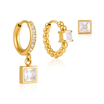 Jingqiao European and American Earring Set for Women, 18k Gold Stainless Steel Zircon Earrings, Cross-border INS Elegant High-End Earrings