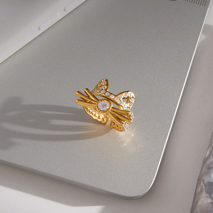Quiet and sweet style stainless steel rhinestone cat opening titanium steel ring, niche high-end cross-border jewelry design