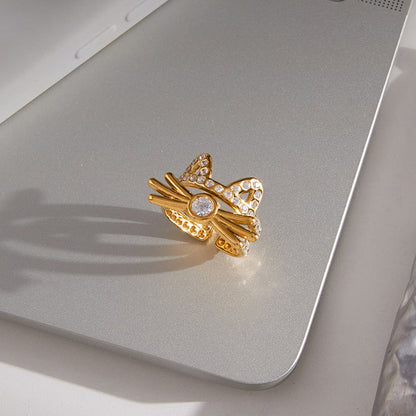 Quiet and sweet style stainless steel rhinestone cat opening titanium steel ring, niche high-end cross-border jewelry design
