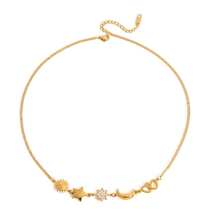 Jingqiao European and American stainless steel 18K gold star moon smiley white zircon necklace cross-border necklace for women that won't fade