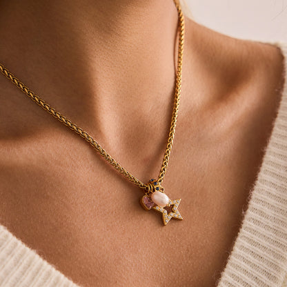Jingqiao European and American 18K stainless steel freshwater pearl pendant necklace, zircon necklace, fashionable classic cross-border accessory for women