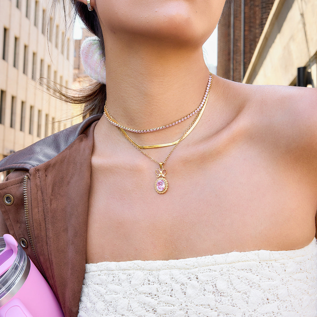 Jingqiao vintage pink zircon necklace accessories for women, stainless steel jewelry, light luxury high-end cross-border accessories, niche designs