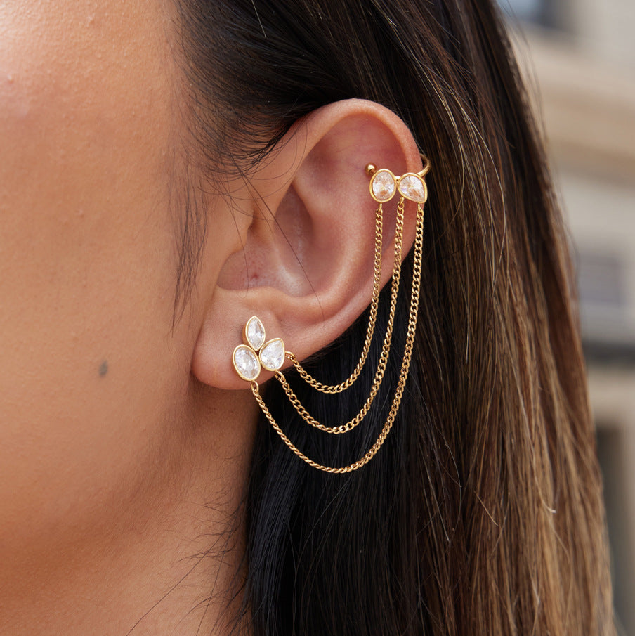 Jingqiao zircon tassel earrings with light luxury and high-end feel ear clips for women, no piercings, stainless steel earrings, titanium steel accessories