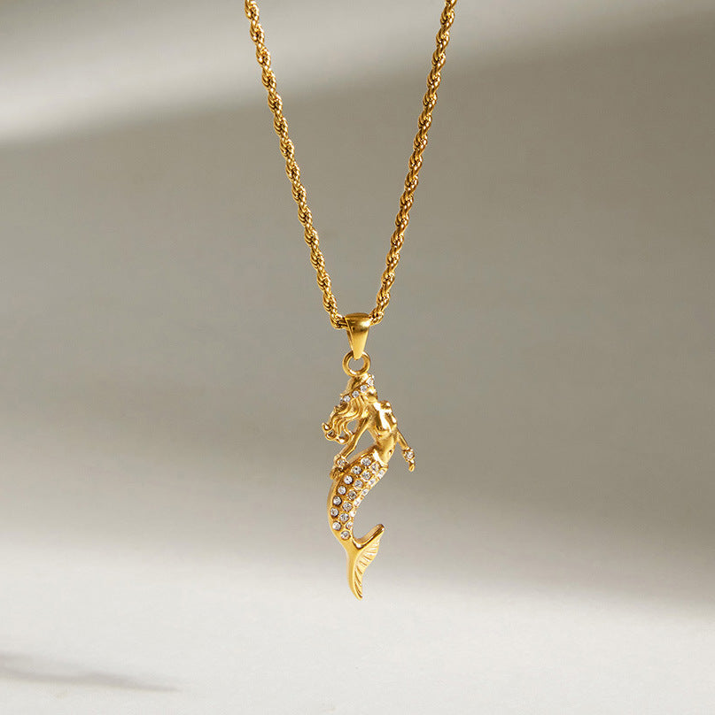 Jingqiao titanium steel zircon mermaid pendant necklace light luxury niche stainless steel cross-border accessory for women with a high-end feel