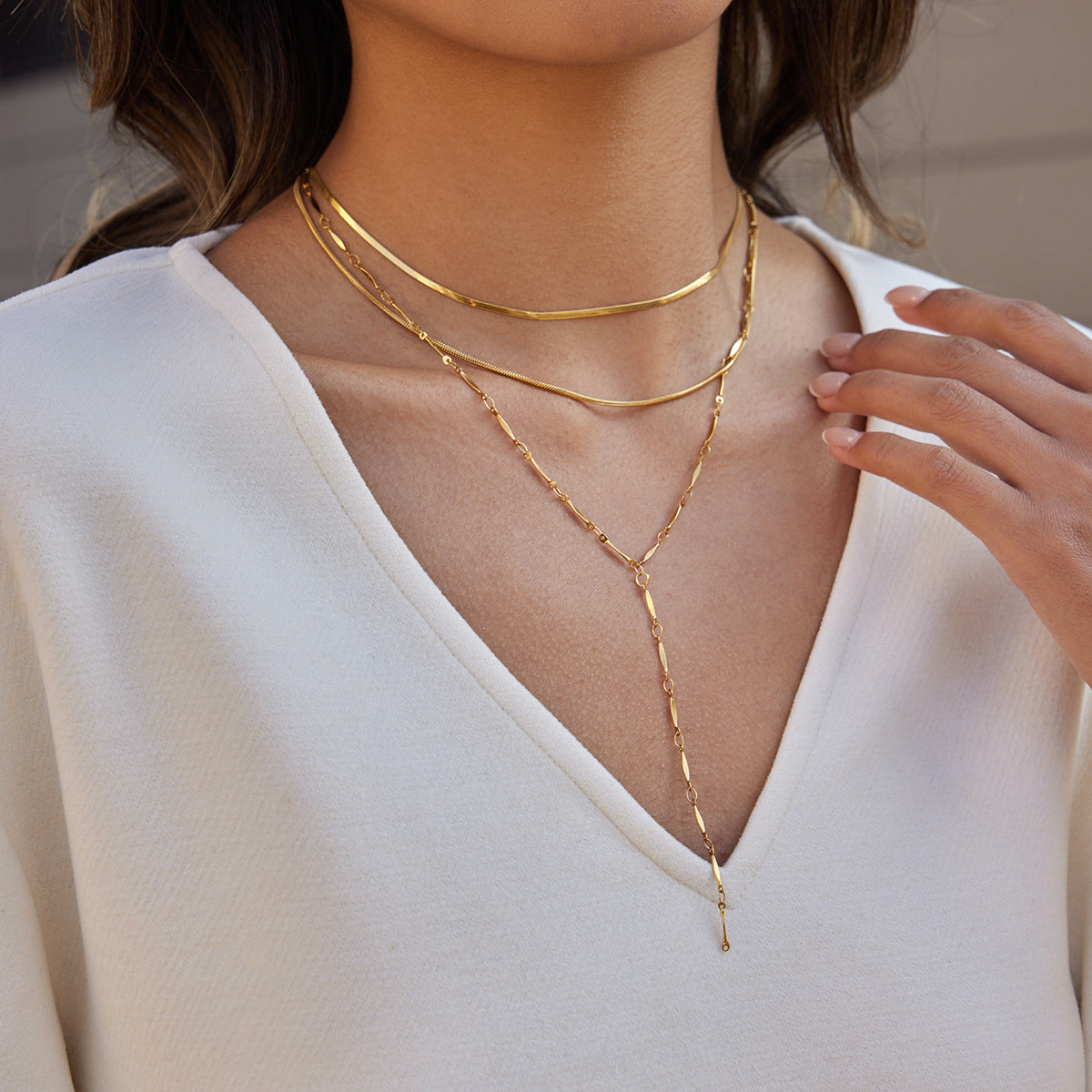 Jingqiao European and American stainless steel 18K three-layer necklace is uniquely fashionable and unique, layered Y-shaped chain that won't fade and is a hot seller across borders