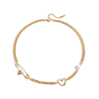 Jingqiao cross-border 18K gold stainless steel paper clip necklace love freshwater pearl necklace light luxury luxury luxury jewelry