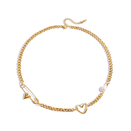 Jingqiao cross-border 18K gold stainless steel paper clip necklace love freshwater pearl necklace light luxury luxury luxury jewelry