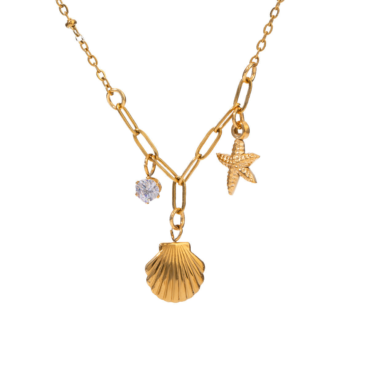 Quiet design European and American fashion necklace 18k gold stainless steel white zircon hammered starfish pendant necklace