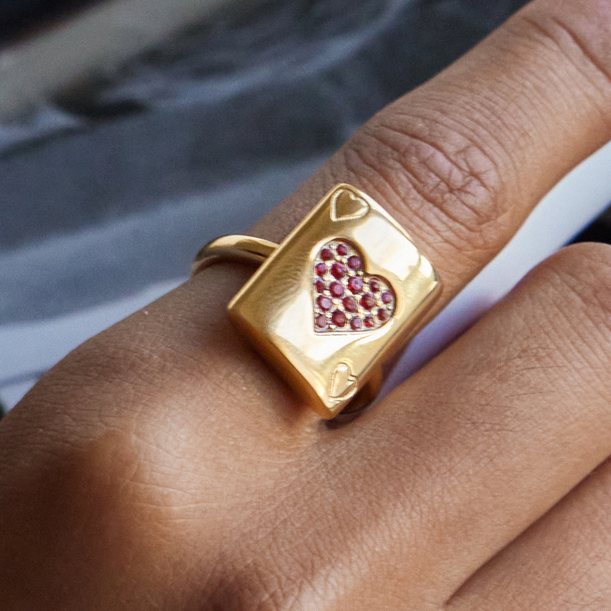 Jingqiao Minimalist 18K Stainless Steel Zircon Playing Card Lucky Ring Rich Ring Niche High-End Cross-border Accessory