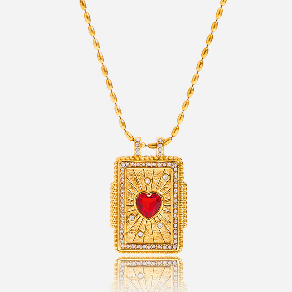 Jingqiao Design vintage style 18K gold stainless steel red heart-shaped zircon tower pendant stainless steel necklace accessory