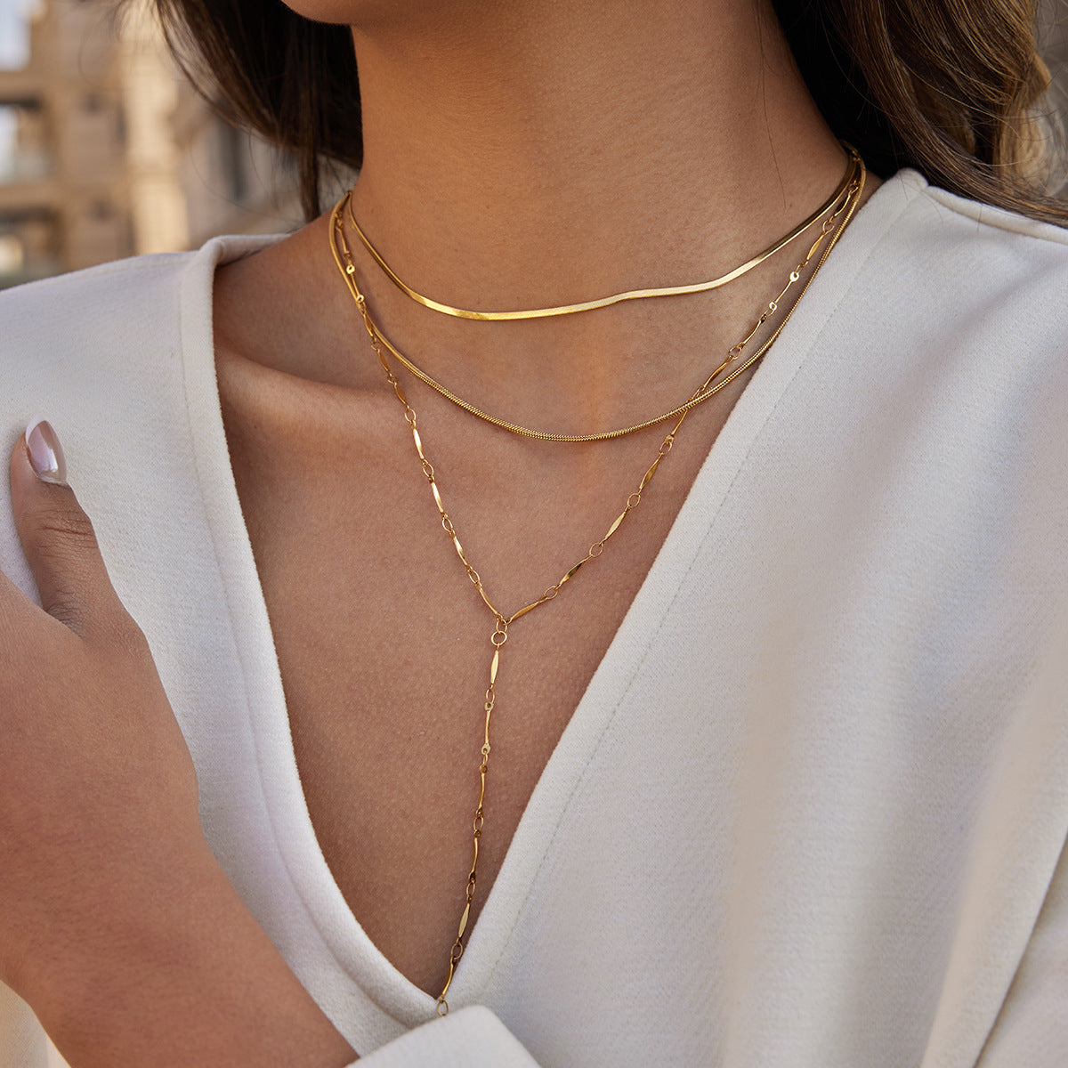 Jingqiao European and American stainless steel 18K three-layer necklace is uniquely fashionable and unique, layered Y-shaped chain that won't fade and is a hot seller across borders