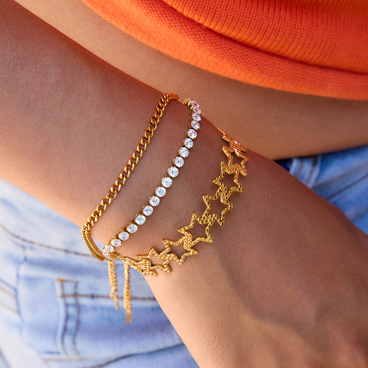 Quiet design resort style 8K gold stainless steel hammered hollow five-pointed star opening stainless steel bracelet jewelry