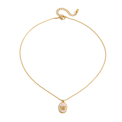 Quiet design, sweet and romantic, 18K gold stainless steel pale pink oil dripping butterfly pendant stainless steel necklace