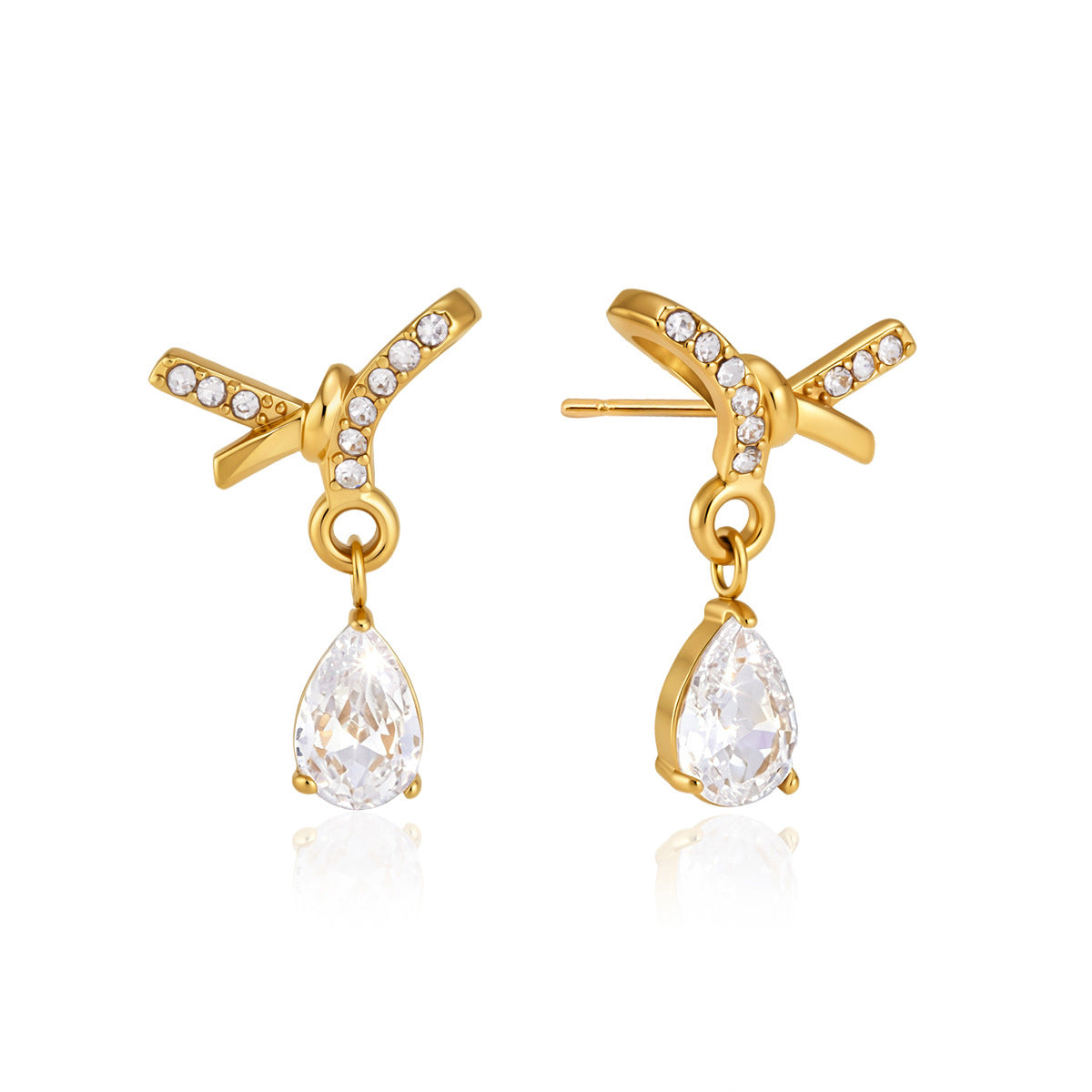 Jingqiao stainless steel earrings, rhinestone bows, teardrop-shaped zircon pendants, titanium steel cross-border accessories that do not fade