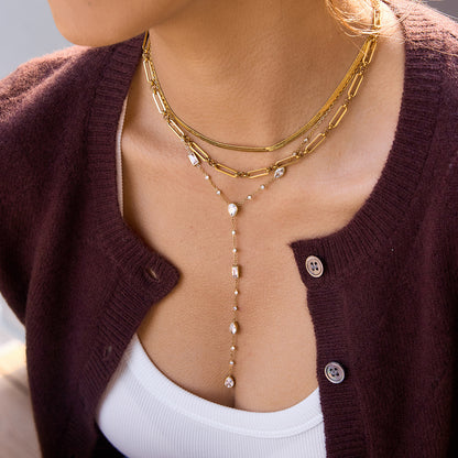 Jingqiao European and American 18K gold stainless steel white geometric zircon Y-shaped chain necklace is a best-selling cross-border accessory that doesn't fade for women