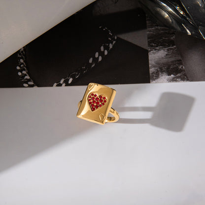 Jingqiao Minimalist 18K Stainless Steel Zircon Playing Card Lucky Ring Rich Ring Niche High-End Cross-border Accessory