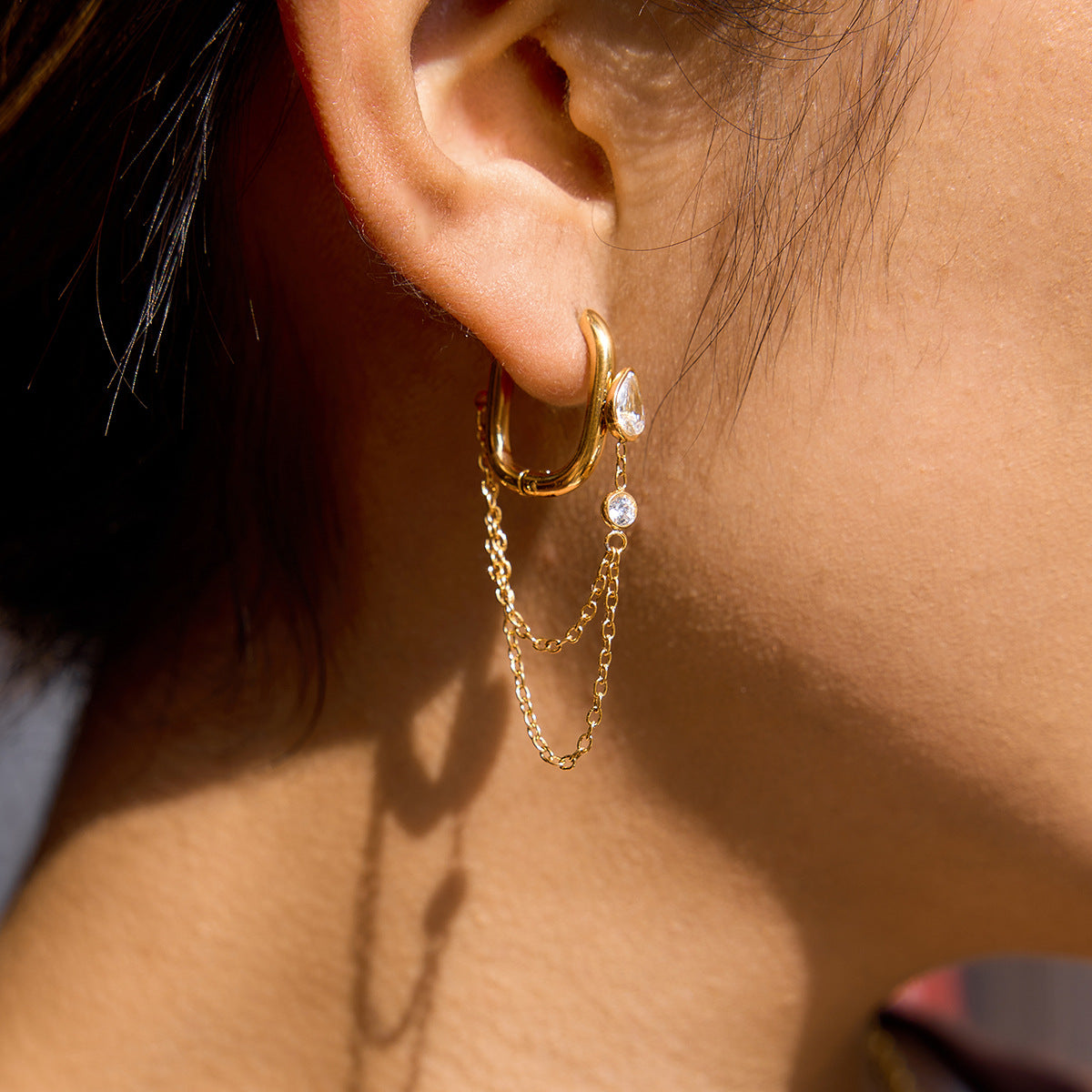 Jingqiao Classic Style 18K Gold Stainless Steel Waterdrop-shaped Zircon Tassel Earrings Light Luxury High-End Earrings for Cross-border Women