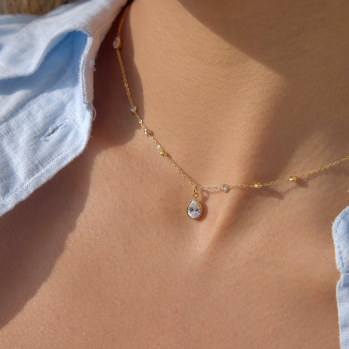 Jingqiao Classic Style 18K Gold Stainless Steel Waterdrop Zircon Necklace Light Luxury Niche Cross-border Accessories Design Niche