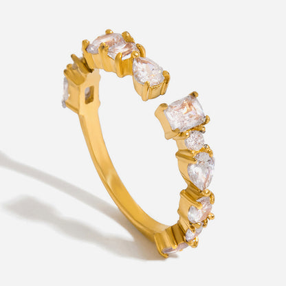 Classic style with a quiet and charming design, 18K gold stainless steel irregular white zircon adjustable versatile opening ring