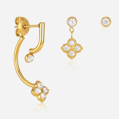 Jingqiao titanium steel earring set, four-leaf clover zircon pendant, front and back stud earrings, stainless steel earrings, cross-border wholesale for women