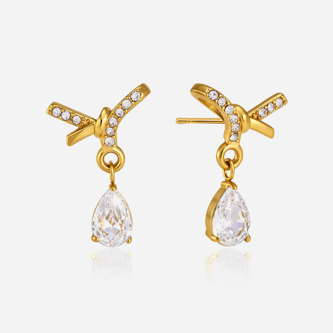 Jingqiao stainless steel earrings, rhinestone bows, teardrop-shaped zircon pendants, titanium steel cross-border accessories that do not fade