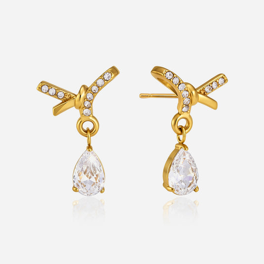 Jingqiao stainless steel earrings, rhinestone bows, teardrop-shaped zircon pendants, titanium steel cross-border accessories that do not fade
