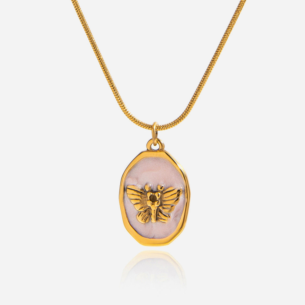 Quiet design, sweet and romantic, 18K gold stainless steel pale pink oil dripping butterfly pendant stainless steel necklace